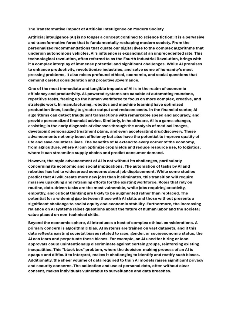 The Transformative Impact of Artificial Intelligence On Modern Society ...