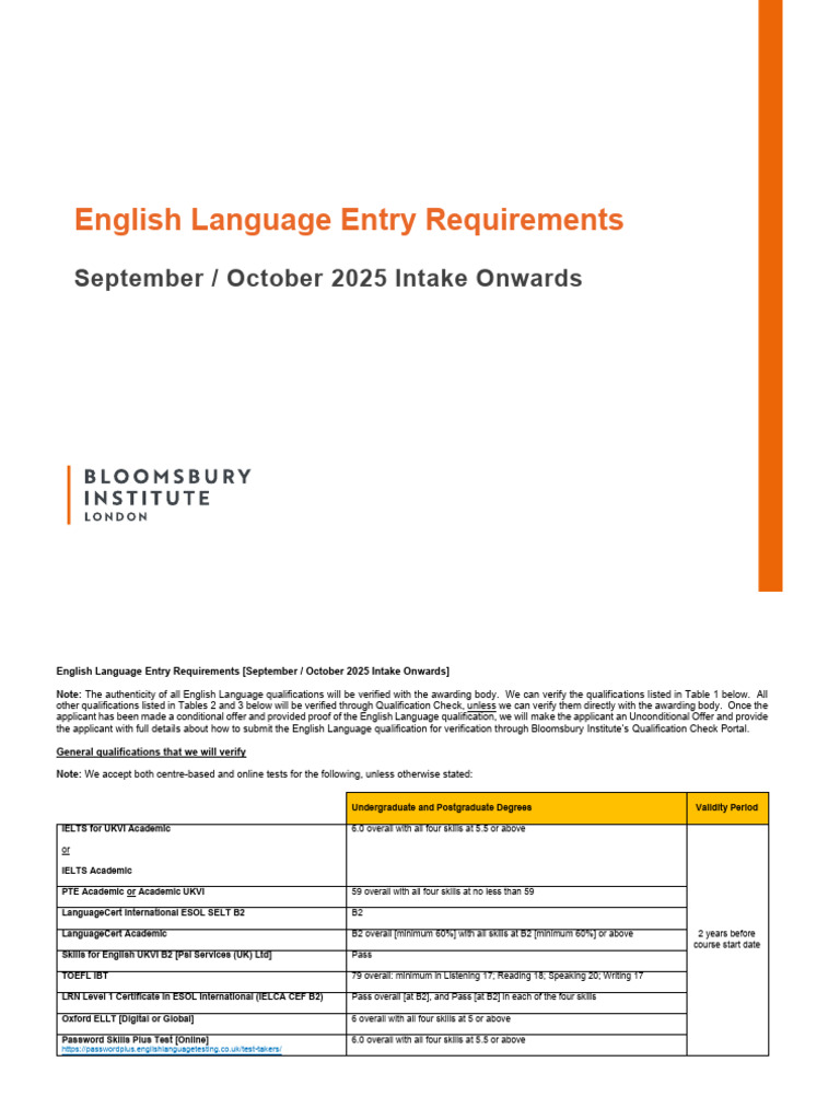 English Language Requirements 2025 | PDF | Educational Assessment And ...