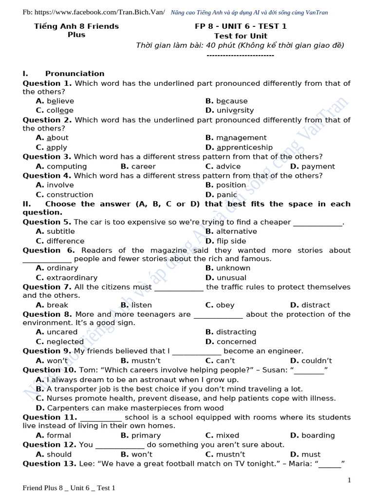 English Test Unit 6 for Grade 8 | PDF | Homeschooling
