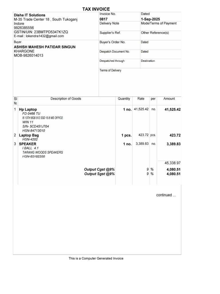 Invoice for Hp Laptop and Accessories | PDF | Invoice | Computing