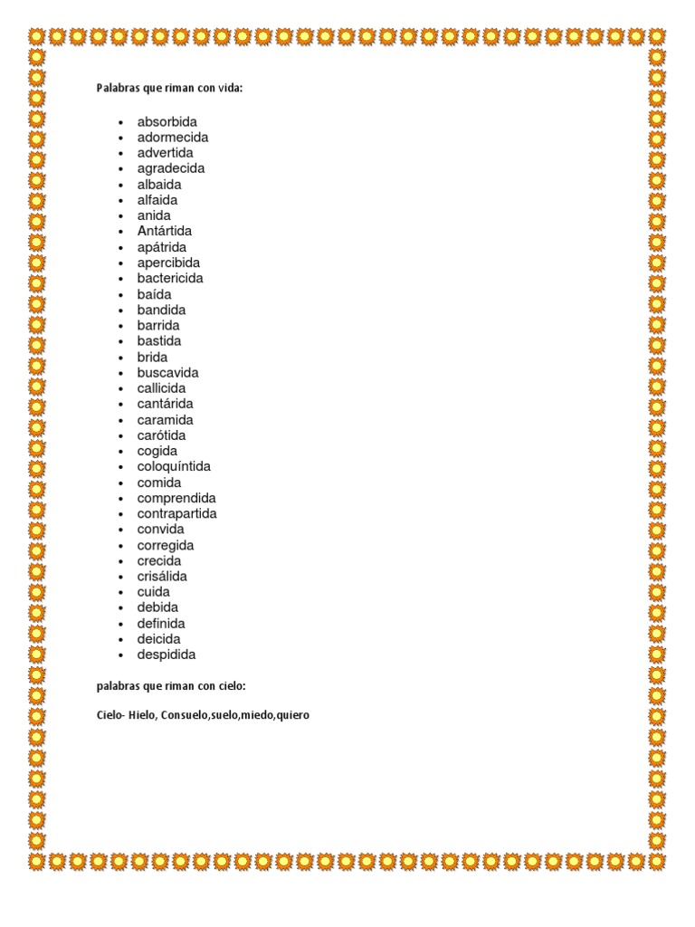 Palabras Que Riman Con Vida