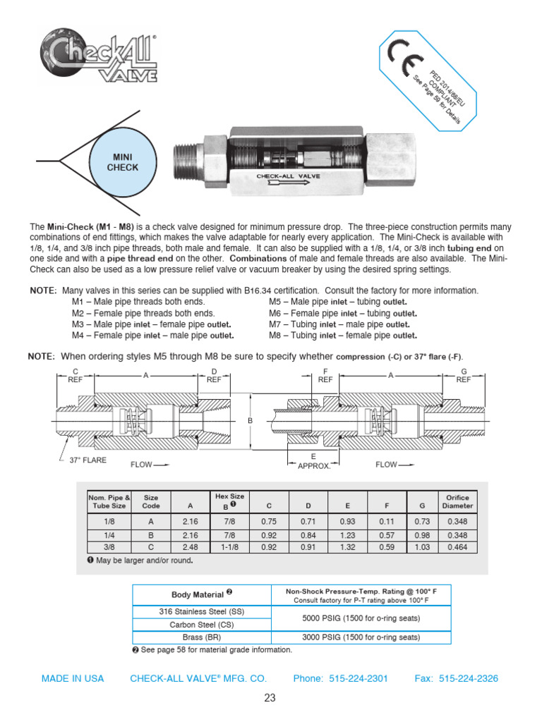 Mini Check Valve Specifications Guide | PDF | Pipe (Fluid Conveyance ...
