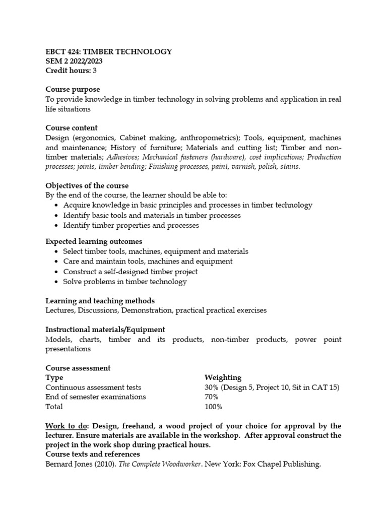 Ebct 424 Timber Technology Course Outline - Cue Format | PDF | Lumber ...