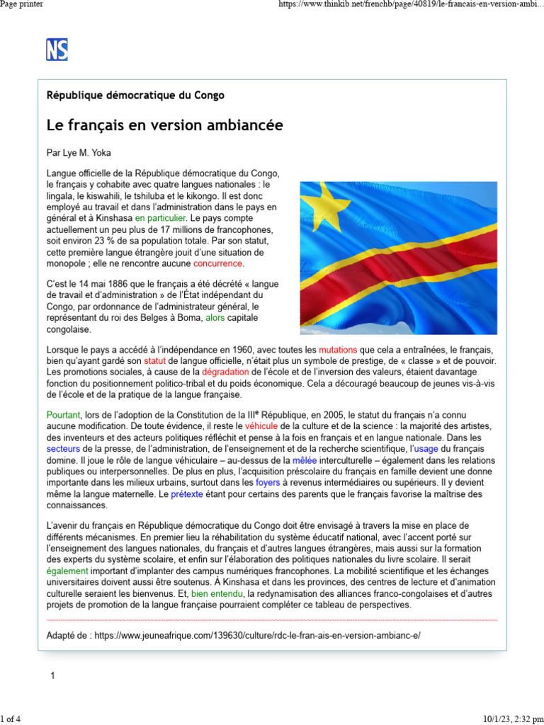 Le français, langue officielle au Congo | PDF | Langue française ...