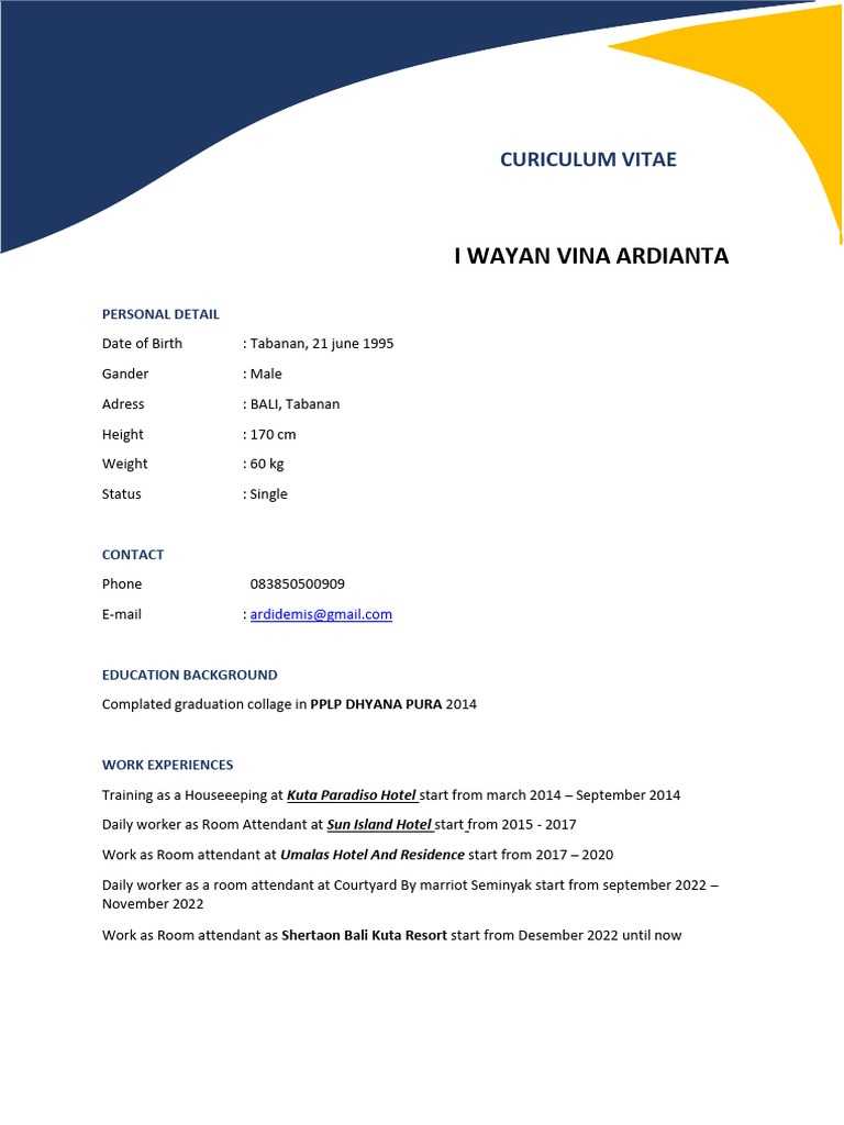Room Attendant CV - Wayan Vina Ardianta | PDF