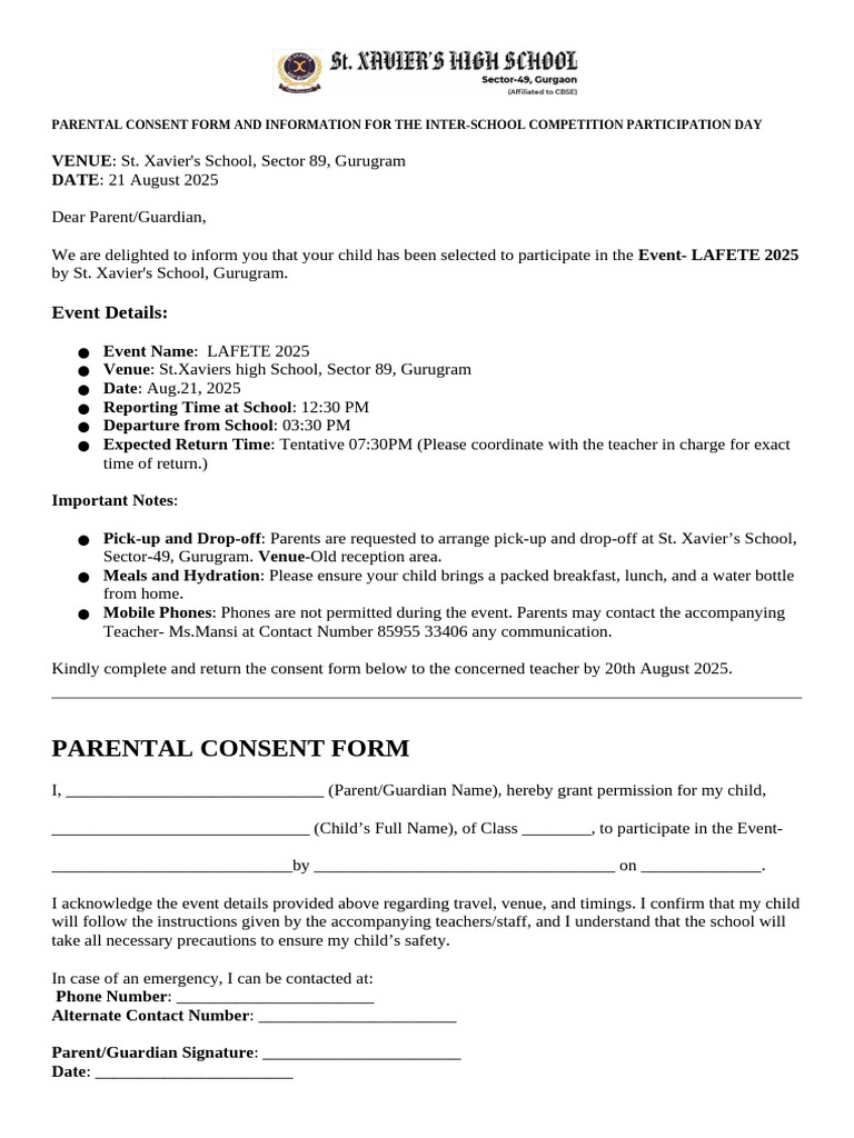 Parental Consent Form For Lafete 2025 ST Xavier's, Sec 89 | PDF