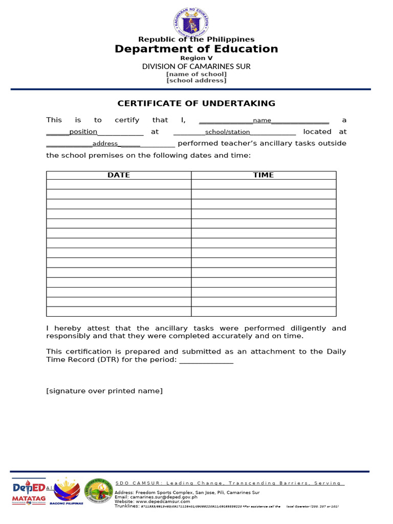 Certificate of Undertaking for Teachers | PDF
