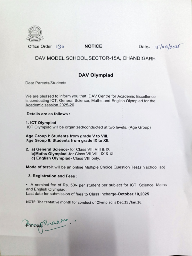DAV Olympiad 2025 Registration Details | PDF