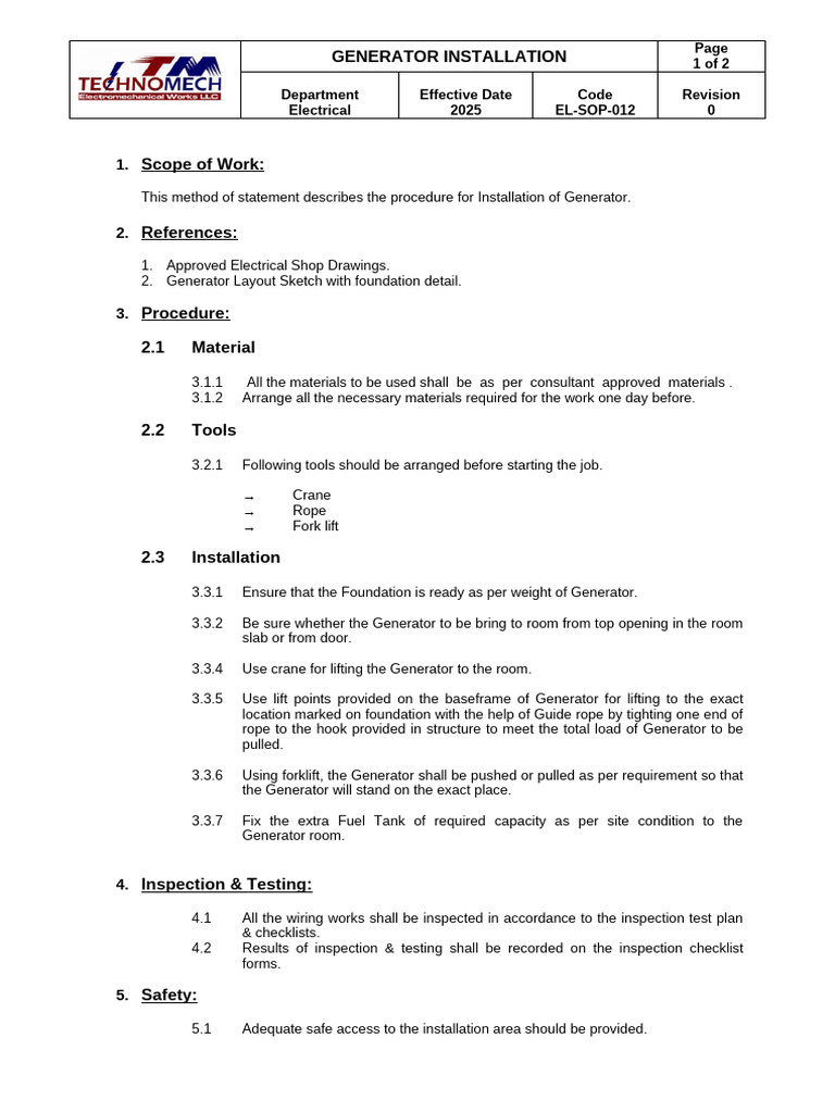 EL-12 Generator Installation | PDF