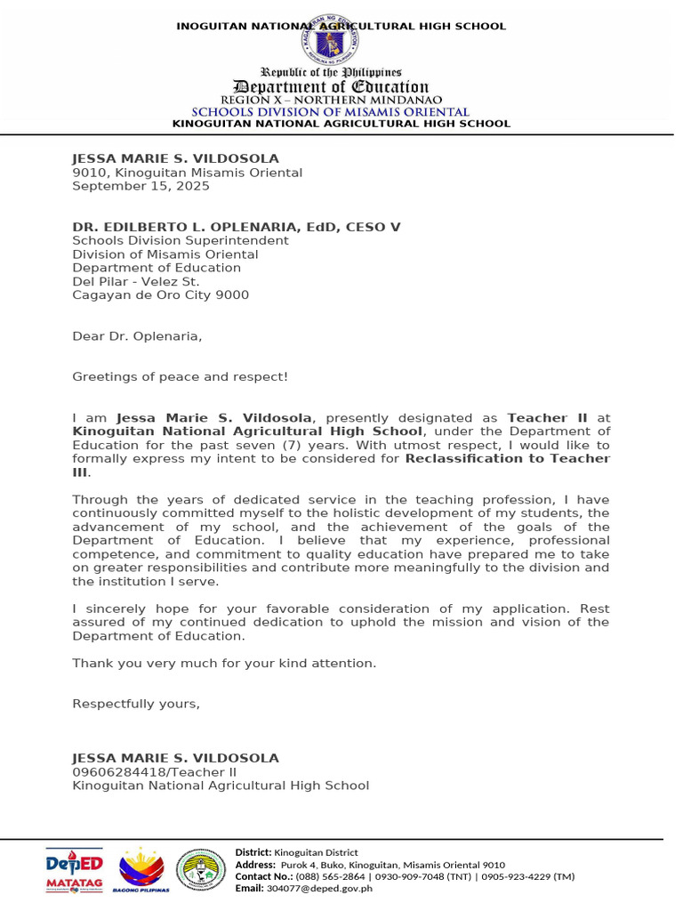 Teacher Reclassification Request Letter | PDF