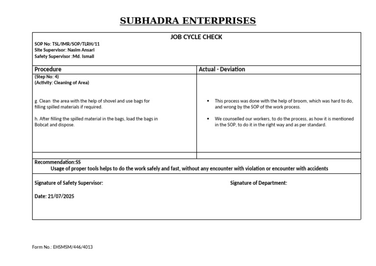 Job Cycle Check: Safety Compliance | PDF