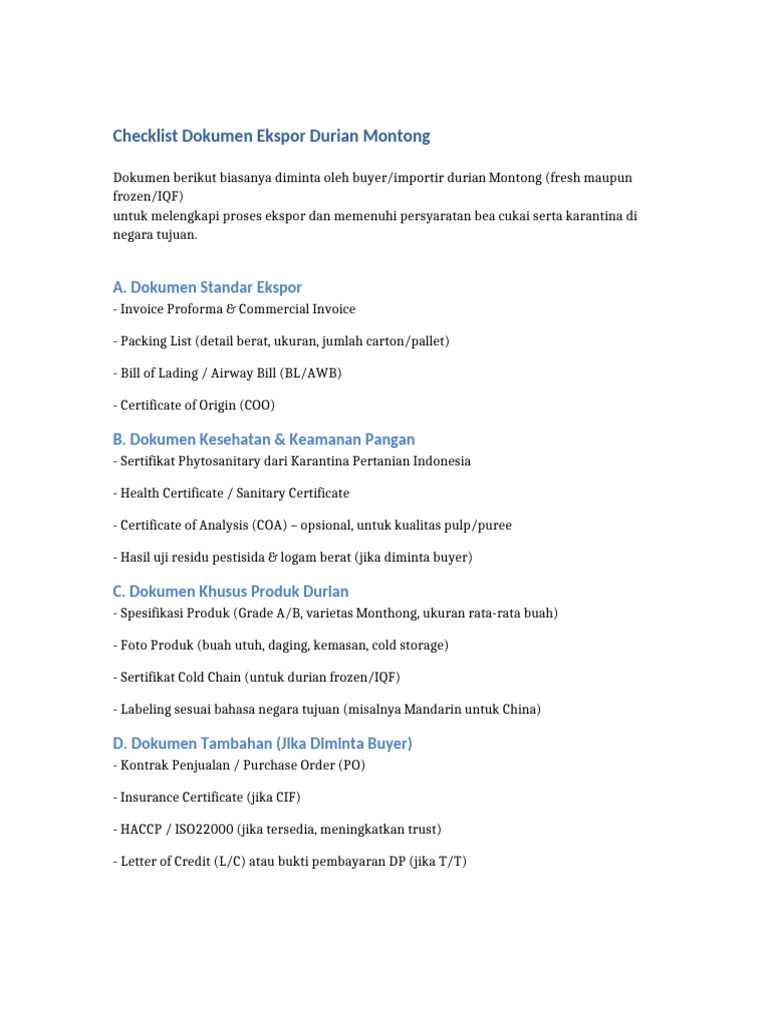 Durian Export Documents Checklist-1 | PDF