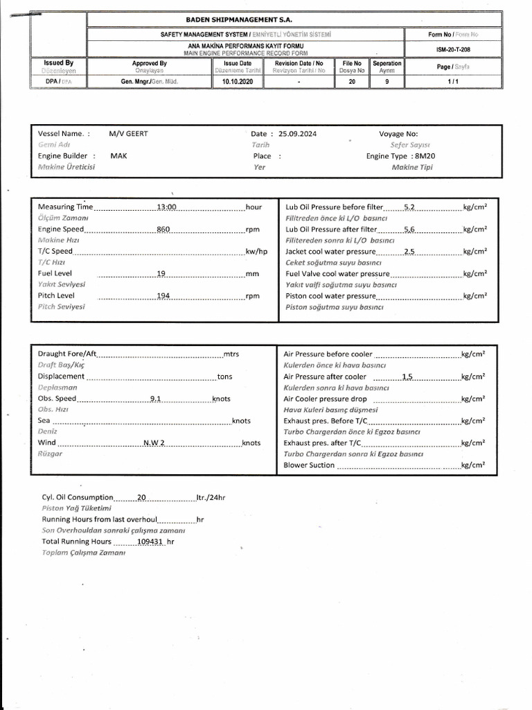 Engine Performance Record Form | PDF | Vehicle Parts | Rotating Machines