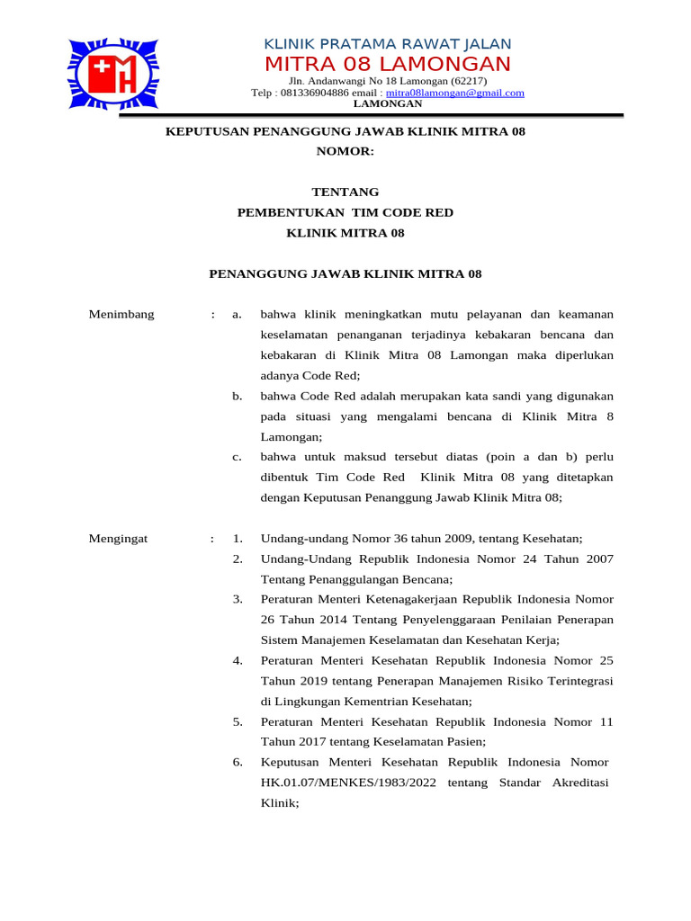 Pembentukan Tim Code Red Klinik Mitra 08 | PDF