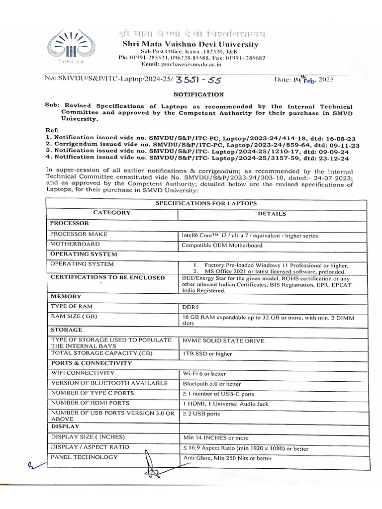 Notification Regarding Revised Specifications of Laptops | PDF
