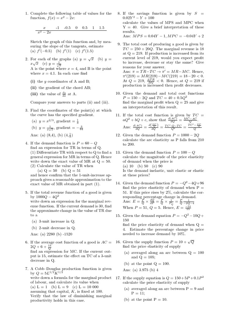 Calculus and Economics Problem Set | PDF | Economics | Business Economics