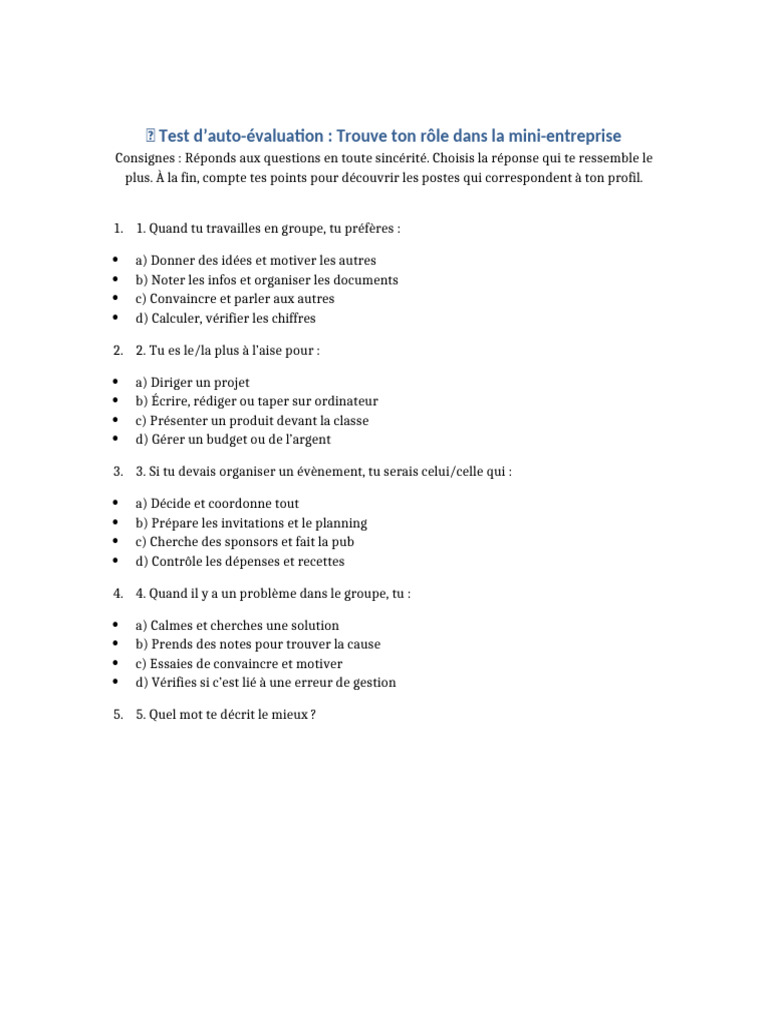 Test d'auto-évaluation pour mini-entreprise | PDF