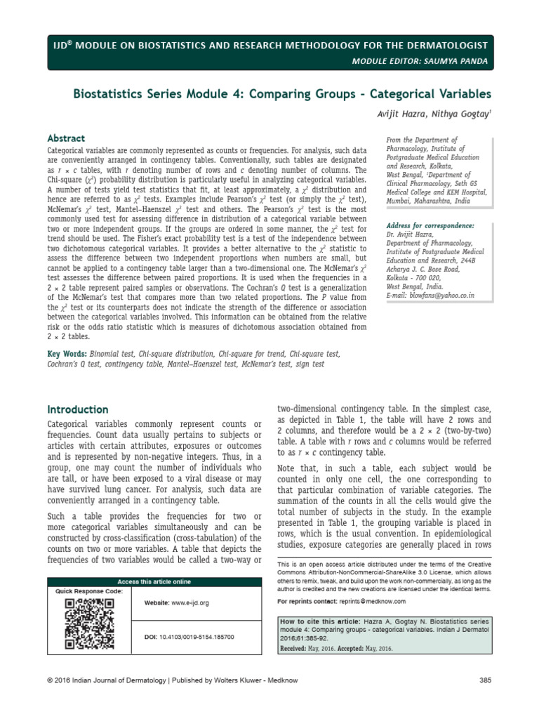 Biostatistics Series Module 4 Comparing Groups .4 | PDF | Chi Squared ...