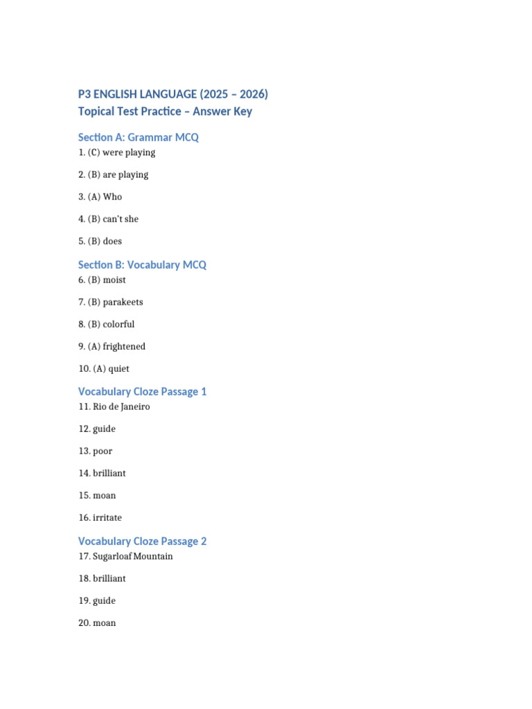 P3 English Language Test Answers | PDF
