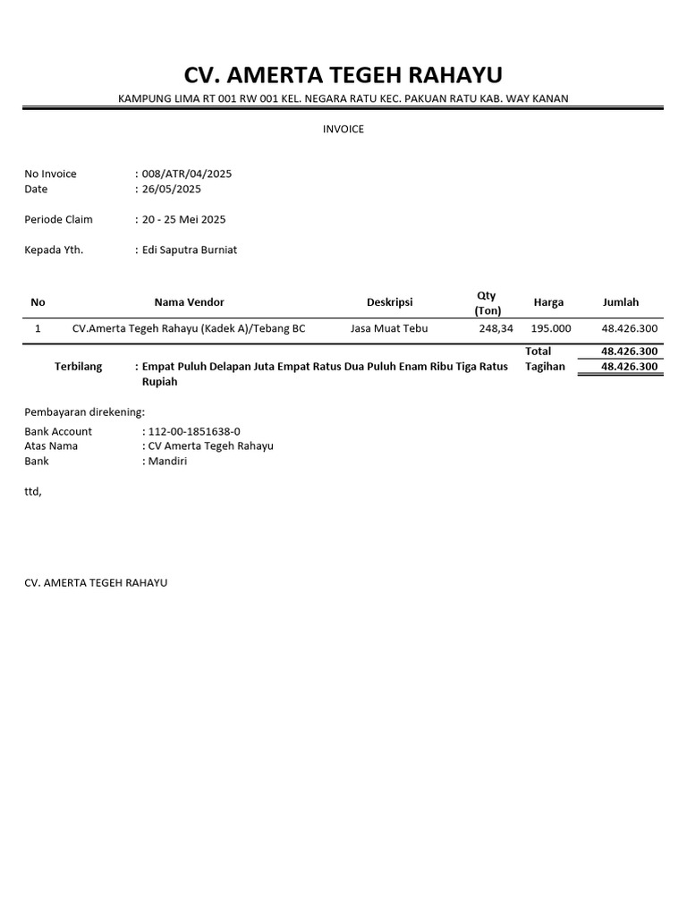 Invoice Jasa Muat Tebu CV Amerta 2025 | PDF