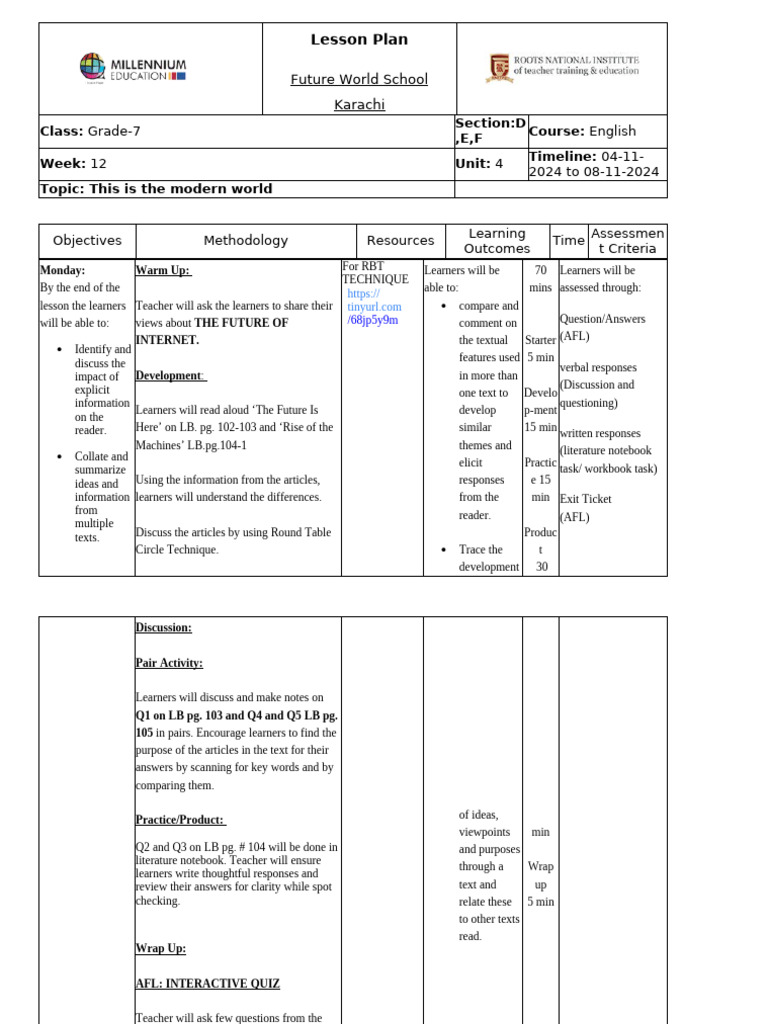 Grade 7 English Lesson Plan: Modern World | PDF | Adverb | Reading ...