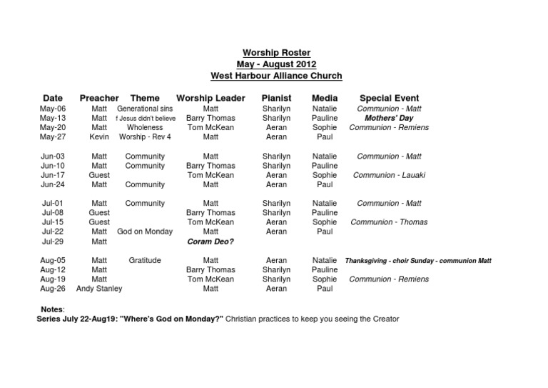 Worship Roster: May-Aug 2012 Schedule | PDF | Religion & Spirituality