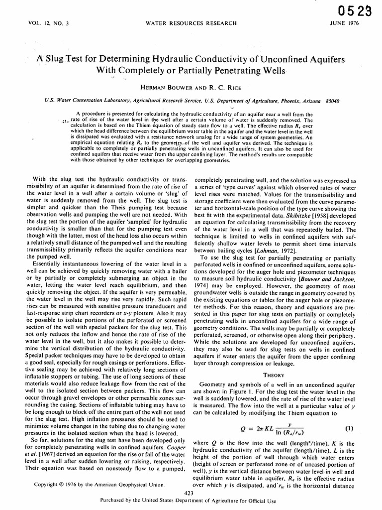 A Slug Test For Determining Hydraulic Conductivity of 2en6jl1yu4 | PDF