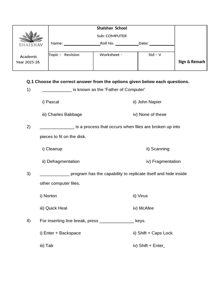 Computer Revision Worksheet for Std V | PDF | System Software | Software