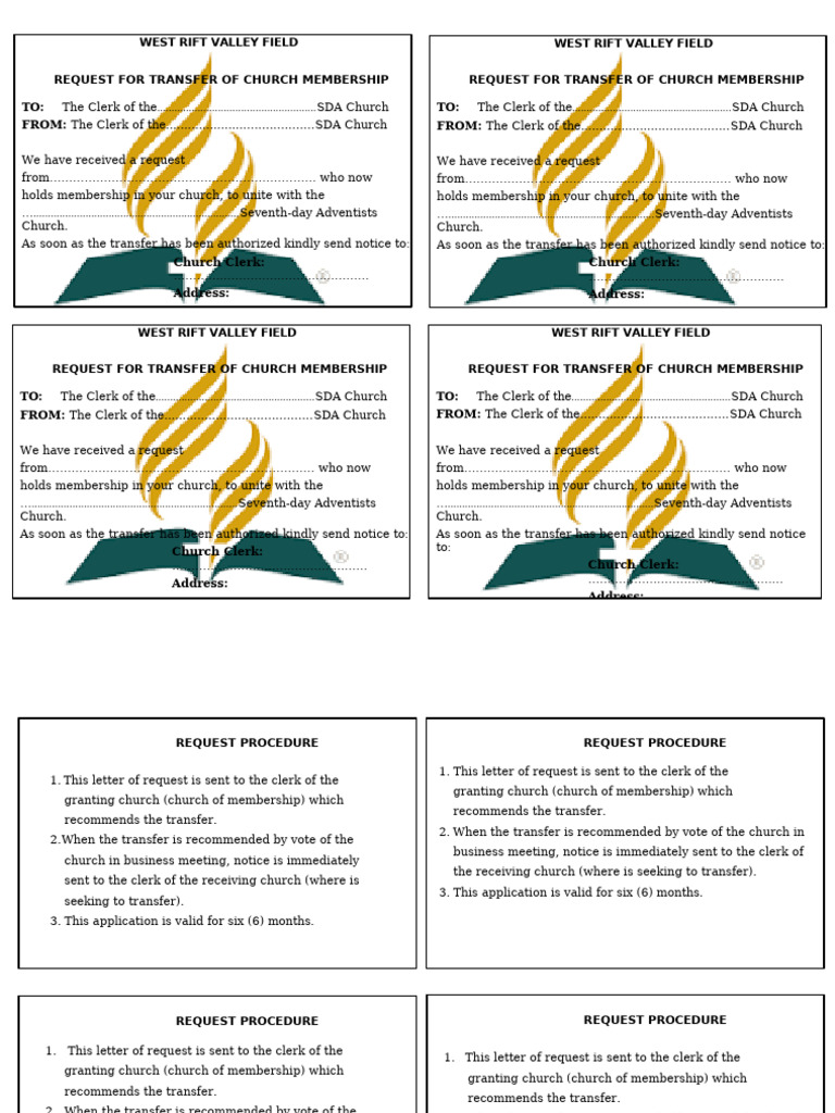 SDA Church Membership Transfer Request | PDF | Seventh Day Adventist Church
