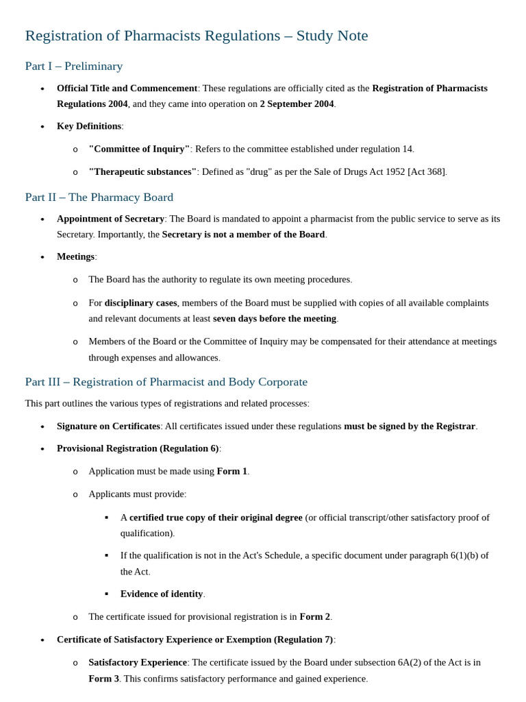 Registration of Pharmacists Regulations - Study Note | PDF | Pharmacist ...