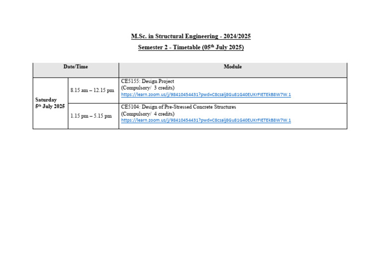 Semester 2 - Timetable Week 1 | PDF