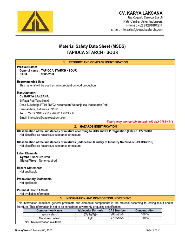 MSDS for Sour Tapioca Starch | PDF | Waste | Dangerous Goods