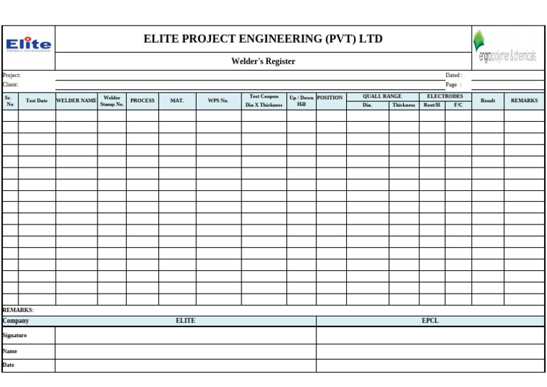 Welder's Register for Elite Project Engineering | PDF