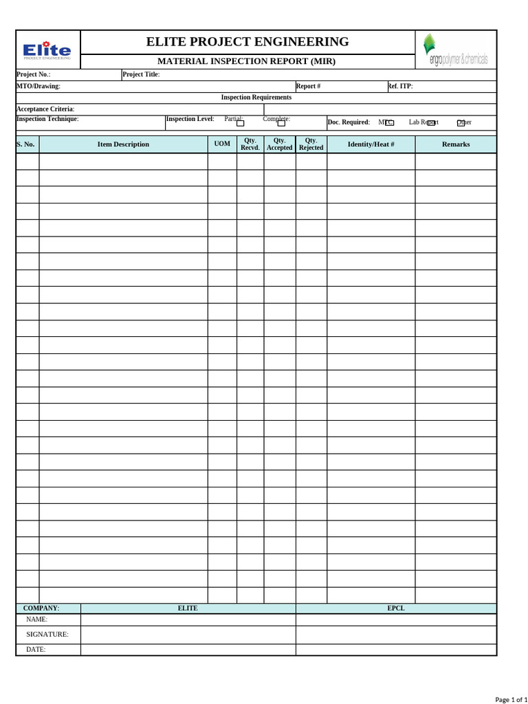 Material Insp - Report (MIR) | PDF