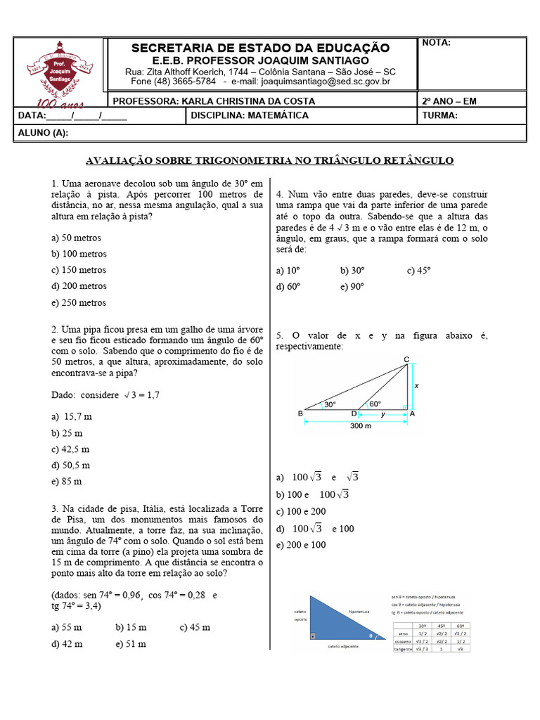 2º Ano - Prova 1 - Trigonometria No Triângulo Retângulo | PDF ...