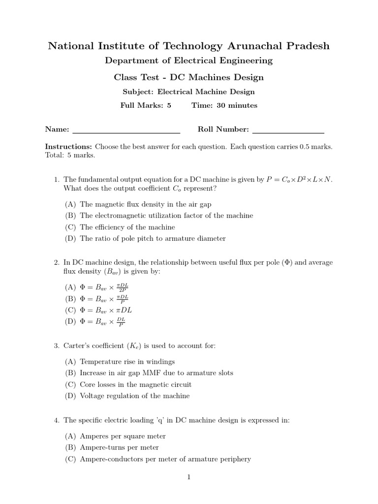 Machine Design Class Test Paper | PDF | Transformer | Electrical Equipment