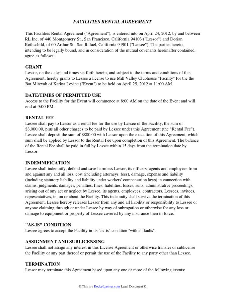San Francisco Facility Rental Agreement | PDF | Lease | Indemnity