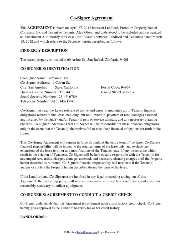 Co Signer Agreement PDF Lease Leasehold Estate