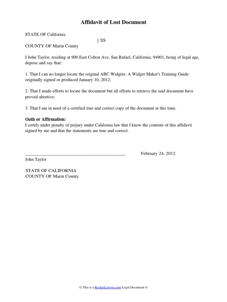 Affidavit of Lost Document PDF Affidavit Notary Public