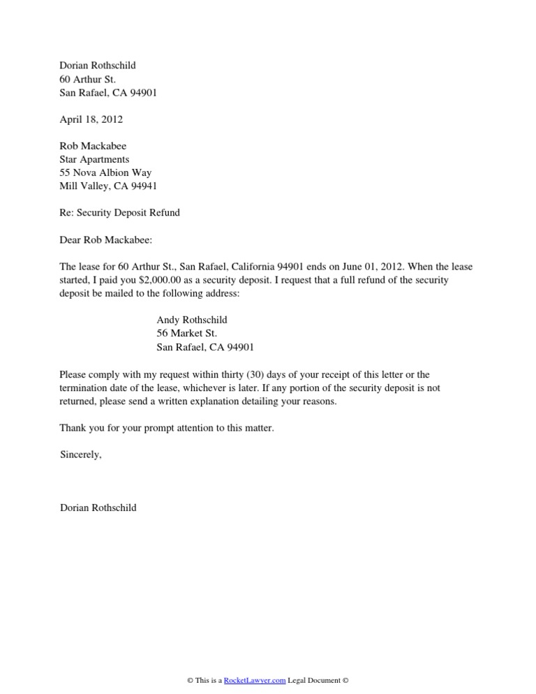 Security Deposit Refund Letter | PDF | Landlord | Lease