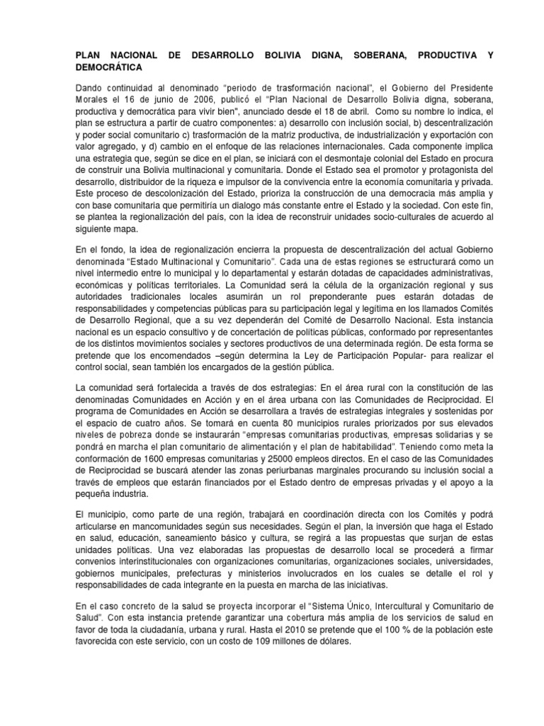 Plan Nacional de Desarrollo Bolivia Bolivia Constitución