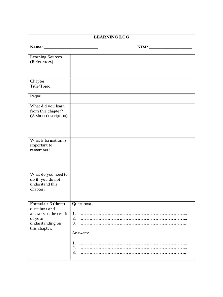 07 Learning Log Template - Each Chapter | PDF