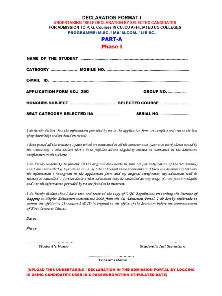 P.G. Admission Self Declaration Form | PDF