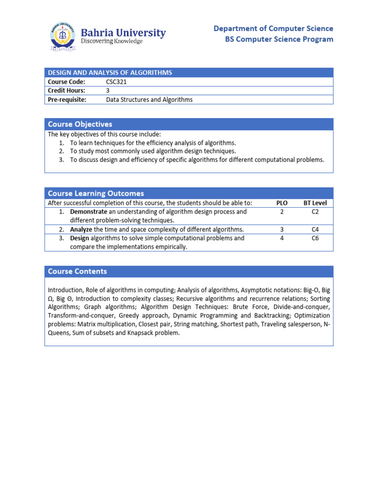 Design and Analysis of Algorithms Course | PDF | Algorithms | Computer ...