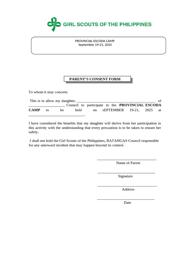 Parent Consent for Escoda Camp 2025 | PDF