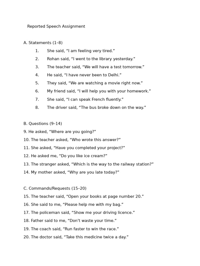 Reported Speech Assignment Examples | PDF