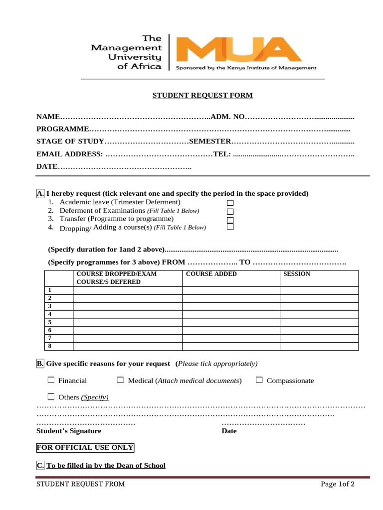 Deferment, Leave & Transfer Form - Student - 2 | PDF | Academic Term