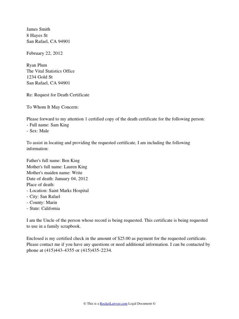 Death Certificate Request Letter Death Certificate Request Letter