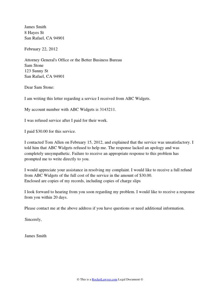 Complaint Letter To A BBB or Attorney General
