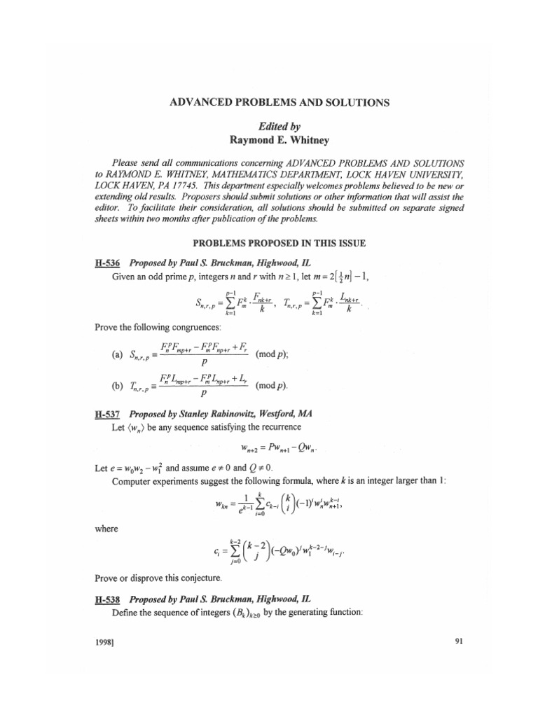Advanced Problems and Solutions - 1998 (36,1) | PDF | Sequence ...